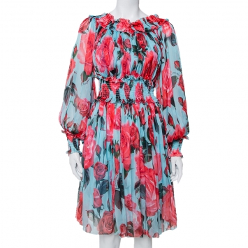 Pre Owned Dolce & Gabbana Blue Rose Printed Silk Smocked Detail Midi Dress M