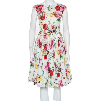 Pre Owned Dolce & Gabbana White Floral Printed Cotton Sleeveless Midi Dress S 