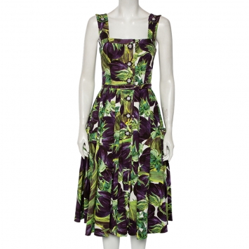 Pre Owned Dolce & Gabbana Purple Aubergine Printed Cotton Pleated Dress M