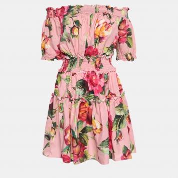 Pre Owned Dolce & Gabbana Pink Floral Print Cotton Off-Shoulder Dress L