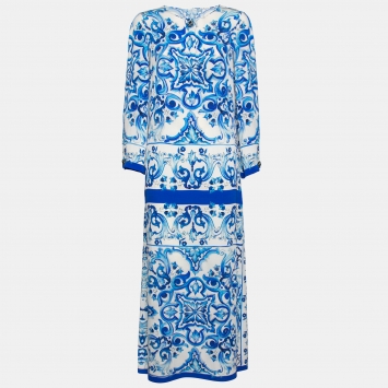 Pre Owned Dolce & Gabbana Blue and White Majolica Printed Silk Embellished Button Maxi Dress M