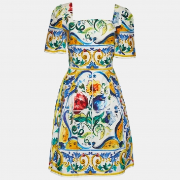 Pre Owned Dolce & Gabbana Multicolor Majolica Print Cotton Flared Mini Dress L