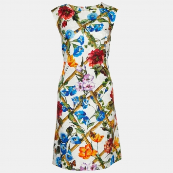 Pre Owned Dolce & Gabbana White Floral Print Jacquard Cotton & Silk A-Line Dress L
