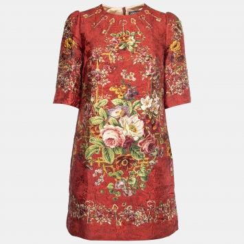 Pre Owned Dolce & Gabbana Red Floral Jacquard Shift Dress S   