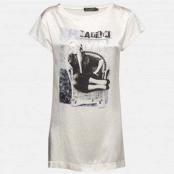 Pre Owned Dolce & Gabbana Cream Marilyn Print Cotton & Silk T-Shirt S