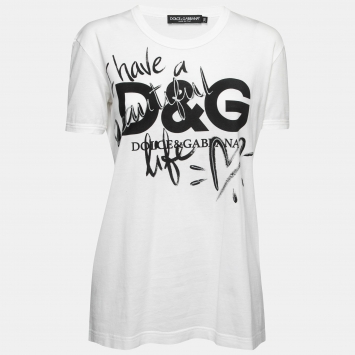 مملوكة مسبقًا Dolce & Gabbana White Cotton Logo Print T-Shirt S