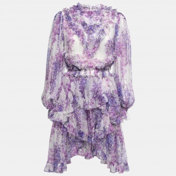 Pre Owned Dolce & Gabbana Purple Floral Printed Silk Ruffle Trimmed Dress M