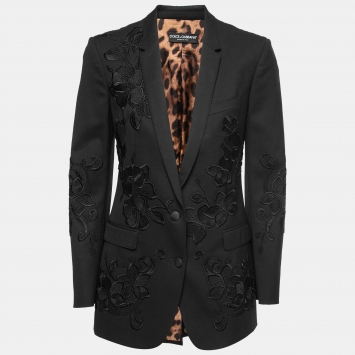 Pre Owned Dolce & Gabbana Black Wool Floral Embroidered Blazer S
