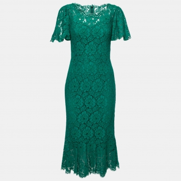 Pre Owned Dolce & Gabbana Green Lace Flutter Sleeve Midi Dress M