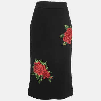Pre Owned Dolce & Gabbana Black Crepe Rose Embroidered Midi Skirt L