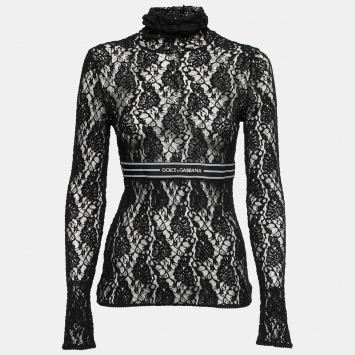 Pre Owned Dolce & Gabbana Black Lace Logo Band Detail Turtleneck Top M