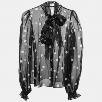 Pre Owned Dolce & Gabbana Black Polka Dot Printed Silk Tie Neck Blouse M