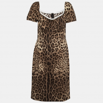Pre Owned Dolce & Gabbana Brown Leopard Print Lace Trim Midi Dress L