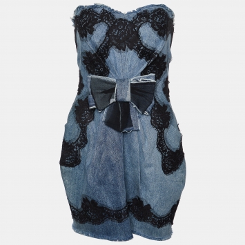 Pre Owned Dolce & Gabbana Blue Denim & Lace Trim Strapless Mini Dress M