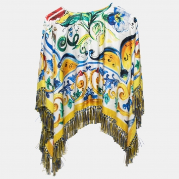 Pre Owned Dolce & Gabbana Multicolor Majolica Printed Silk Tassel Trimmed Poncho Top S