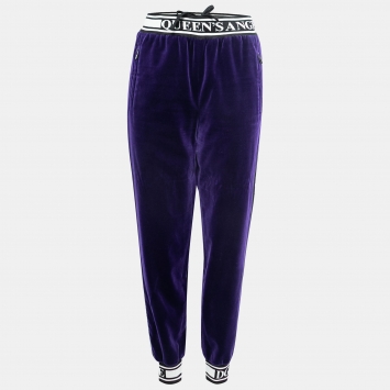 Pre Owned Dolce & Gabbana Purple Velvet Ribbed Detail Track Trousers M