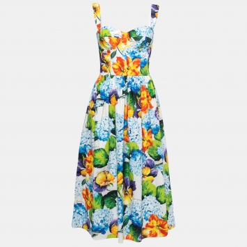 Pre Owned Dolce & Gabbana Blue Floral Printed Cotton Bustier Flared Dress M