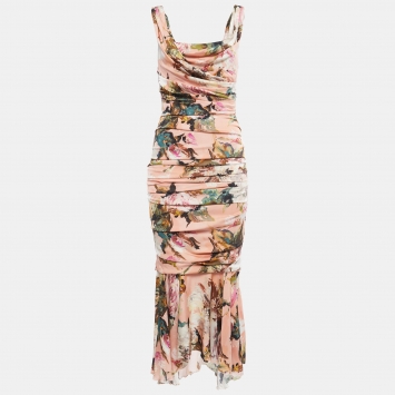Pre Owned Dolce & Gabbana Pink Floral Printed Silk Ruched Midi Dress M