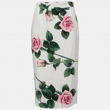 Pre Owned Dolce & Gabbana White Rose Printed Crepe Pencil Skirt M