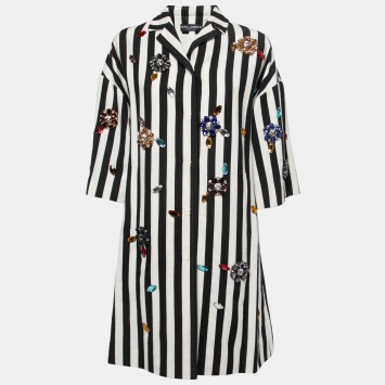 Pre Owned Dolce & Gabbana Black Striped Canvas Crystal Embellished Overcoat M