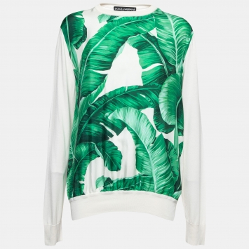 Pre Owned Dolce & Gabbana White Banana Leaf Print Silk & Knit Pullover M