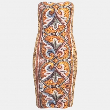 Pre Owned Dolce & Gabbana Gold/Multicolor Mosaic Printed Crepe Strapless Mini Dress M