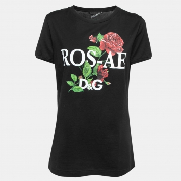 Pre Owned Dolce & Gabbana Black Cotton Rose Print T-Shirt L
