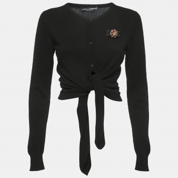 Pre Owned Dolce & Gabbana Black Cashmere Brooch Detailed Tie Front Cardigan M