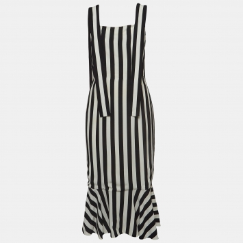 Pre Owned Dolce & Gabbana Black/White Striped Crepe Shoulder Strap Midi Dress M