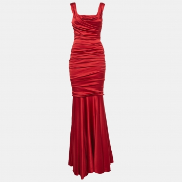 Pre Owned Dolce & Gabbana Red Ruched Satin Silk Sleeveless Fishtail Gown S