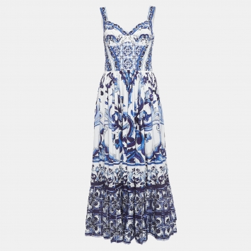 Pre Owned Dolce & Gabbana White/Blue Majolica Printed Cotton Maxi Dress L