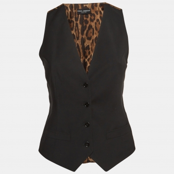 Pre Owned Dolce & Gabbana Black Leopard Print Cotton and Satin Vest S