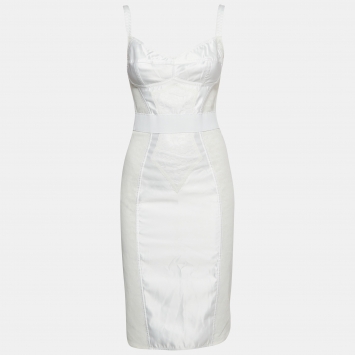 Pre Owned Dolce & Gabbana White Floral Lace and Satin Midi Corset Dress S
