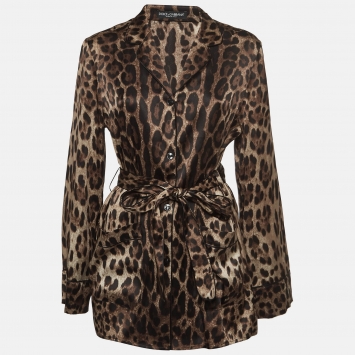 Pre Owned Dolce & Gabbana Brown Leopard Print Satin Pajama Shirt S