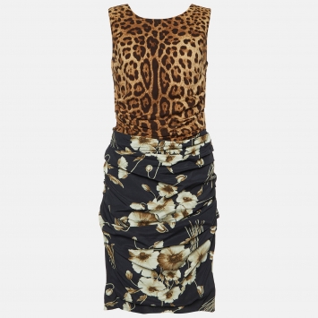 Pre Owned Dolce & Gabbana Navy Blue/Brown Printed Silk Mini Dress M