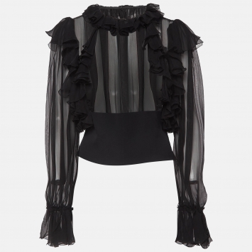 Pre Owned Dolce & Gabbana Black Silk Ruffled Sheer Blouse M