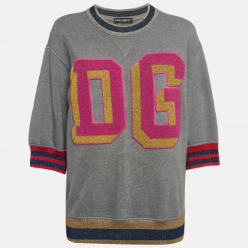 Pre Owned Dolce & Gabbana Grey DG Applique Cotton Knit Oversized Sweatshirt XS