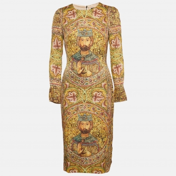 Pre Owned Dolce & Gabbana Yellow Ecclesiastical Print Silk Midi Dress M