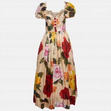 Pre Owned Dolce & Gabbana Sartoria Multicolor Floral Print Silk Crystal Embellished Gown L 