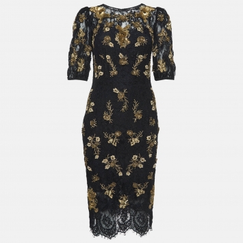 Pre Owned Dolce & Gabbana Black/Gold Sequin Embroidered Lace Mini Dress S