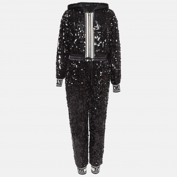 Pre Owned Dolce & Gabbana Black Sequin and Mesh Hooded Jumpsuit S