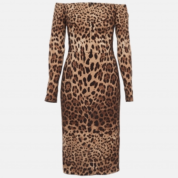 Pre Owned Dolce & Gabbana Brown Leopard Print Crepe Off-Shoulder Midi Dress M