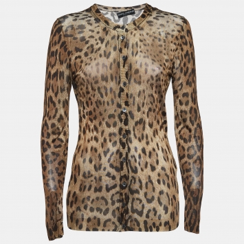 Pre Owned Dolce & Gabbana Brown Leopard Print Jersey Buttoned Cardigan S