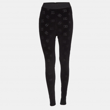Pre Owned Dolce & Gabanna Black Logo Patterned Velvet Leggings S