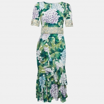 Pre Owned Dolce & Gabbana Green Hydrangea Printed Silk Ruffled Midi Dress S