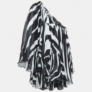 Pre Owned Dolce & Gabbana Black/White Zebra Print Chiffon Silk One Shoulder Dress M