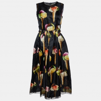 Pre Owned Dolce & Gabbana Black Gelato Print Silk Organza Midi Dress M