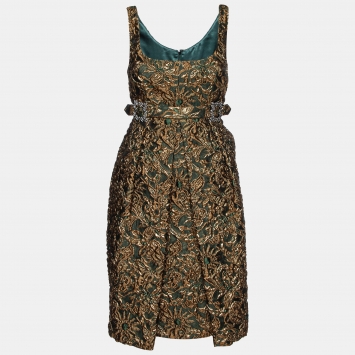 Pre Owned Dolce & Gabbana Green/Gold Floral Brocade Sleeveless Dress M