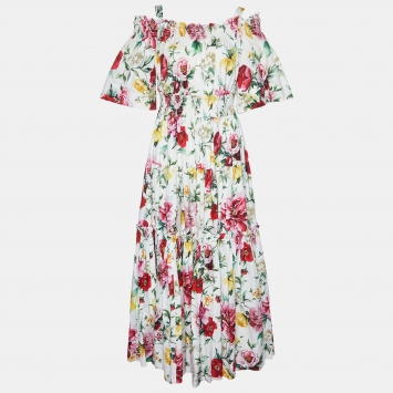 Pre Owned Dolce & Gabbana White Floral Print Cotton Tiered Maxi Dress M