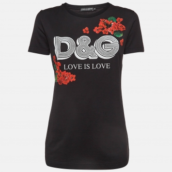 Pre Owned Dolce & Gabbana Black Floral Logo Printed Cotton Crewneck T-Shirt S